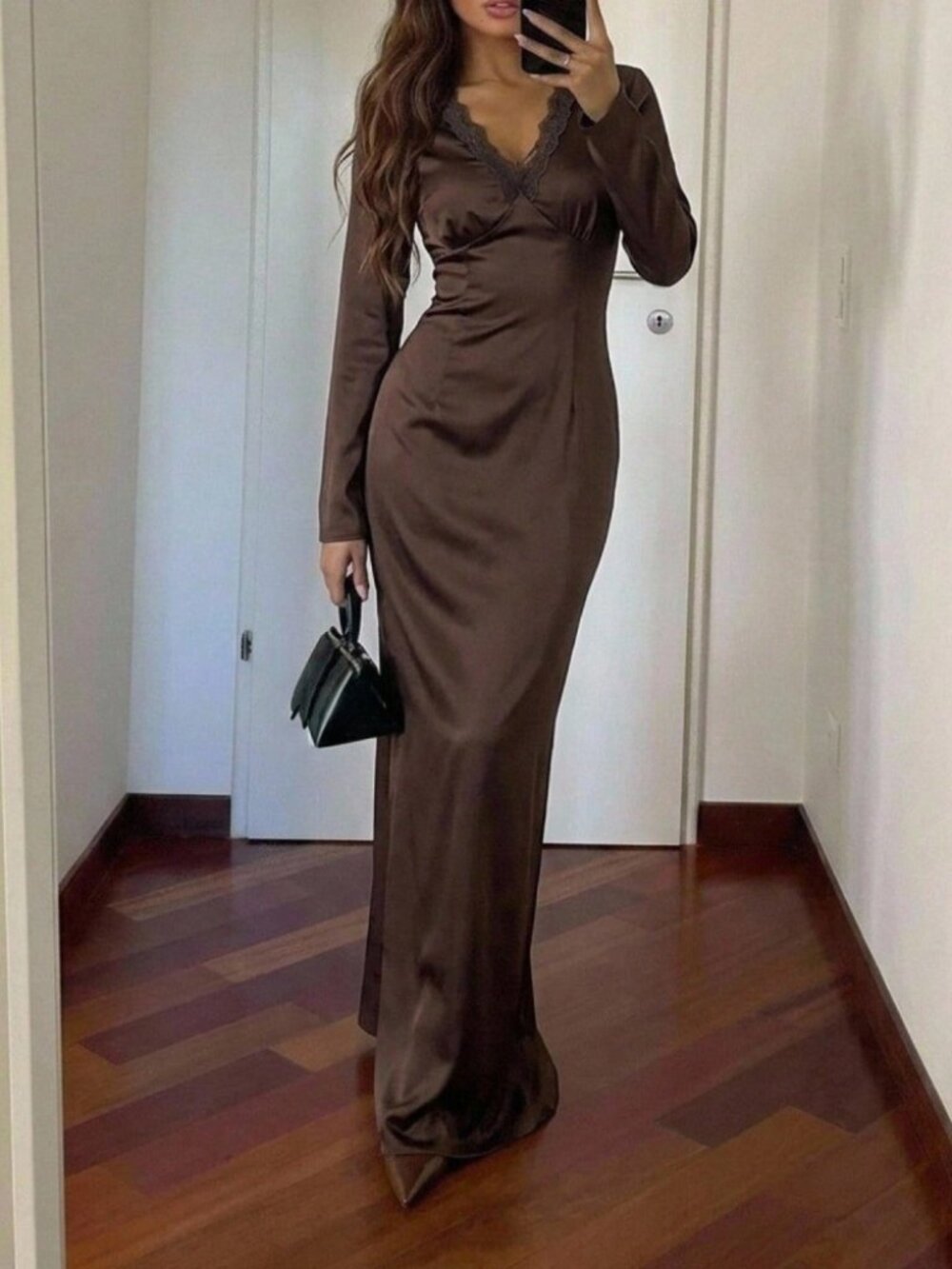 Chocolate Brown Satin Lace-Trim Maxi Dress